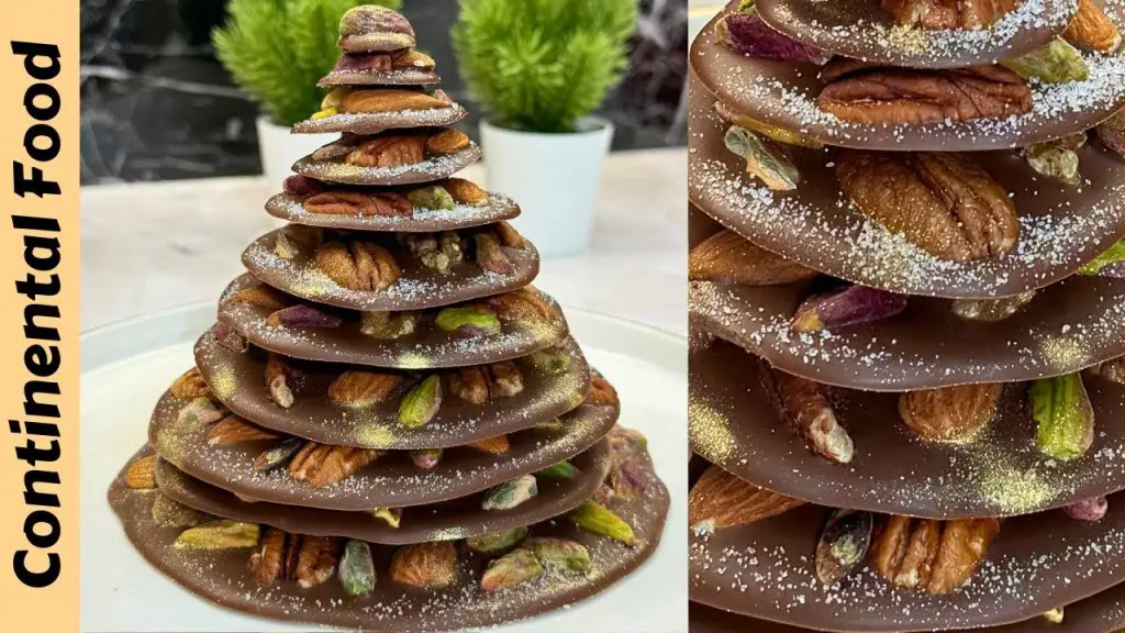 DIY chocolate Christmas tree decorated with nuts, mini cookies, and dried fruits, dusted with cocoa powder for a snowy effect, crafted with a Christmas tree chocolate mould, showcasing layers inspired by fruit and nut chocolate bars, perfect as a Christmas chocolate tree centerpiece